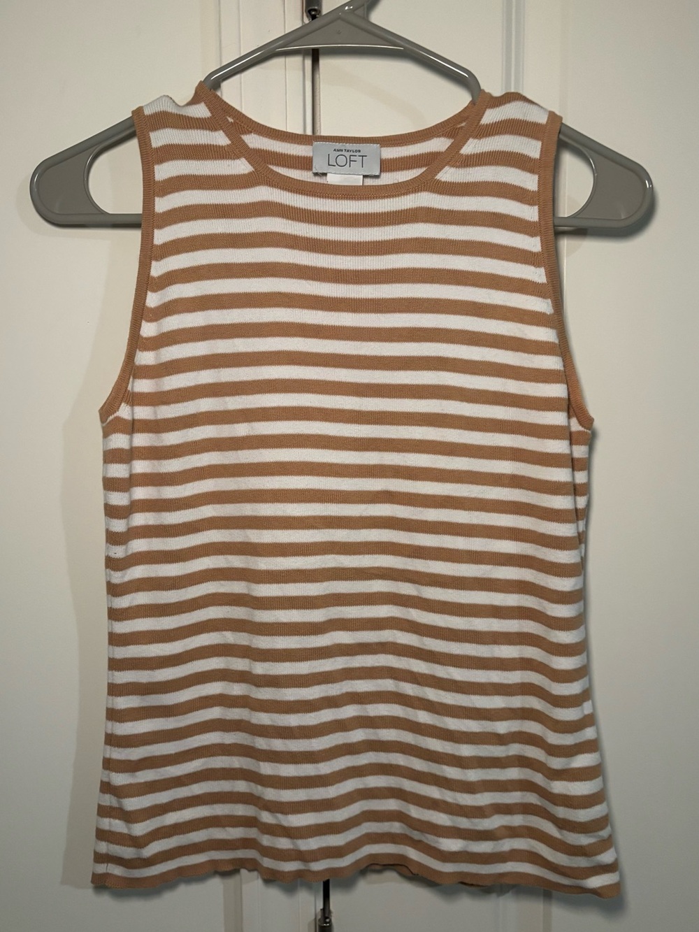 LOFT Striped Sleeveless Knit Tank - White & Camel